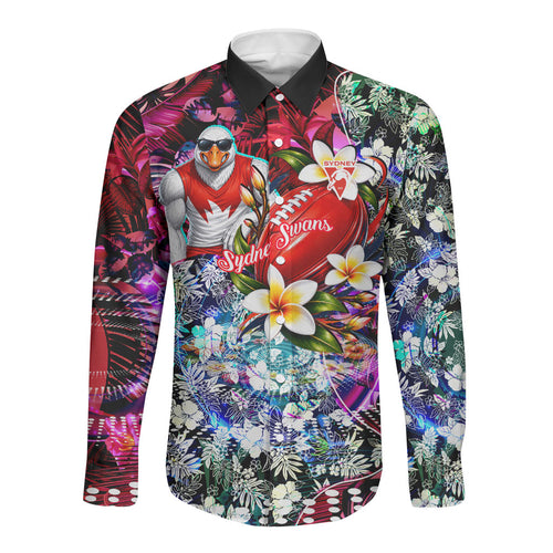 Personalized Sydney Swans Football Long Sleeve Button Shirt Tropical Hibiscus Flowers - Pacific Fusion Style