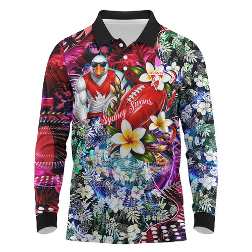 Personalized Sydney Swans Football Long Sleeve Polo Shirt Tropical Hibiscus Flowers - Pacific Fusion Style