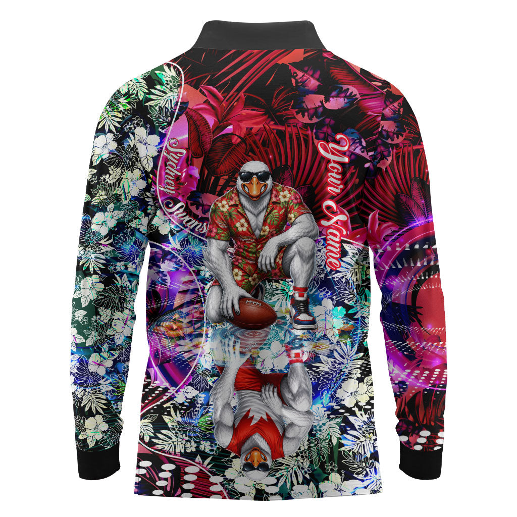 Personalized Sydney Swans Football Long Sleeve Polo Shirt Tropical Hibiscus Flowers - Pacific Fusion Style