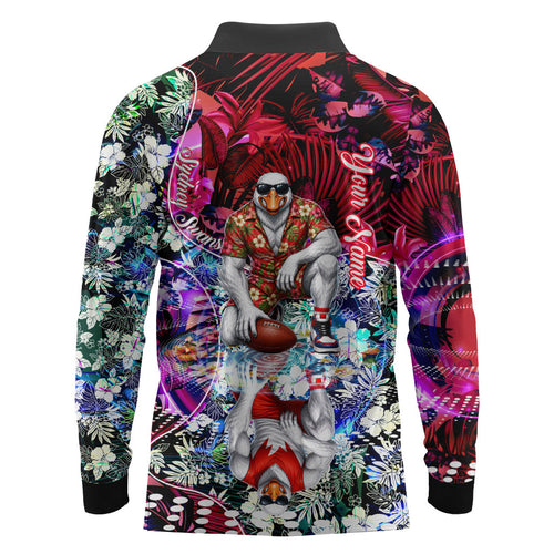 Personalized Sydney Swans Football Long Sleeve Polo Shirt Tropical Hibiscus Flowers - Pacific Fusion Style
