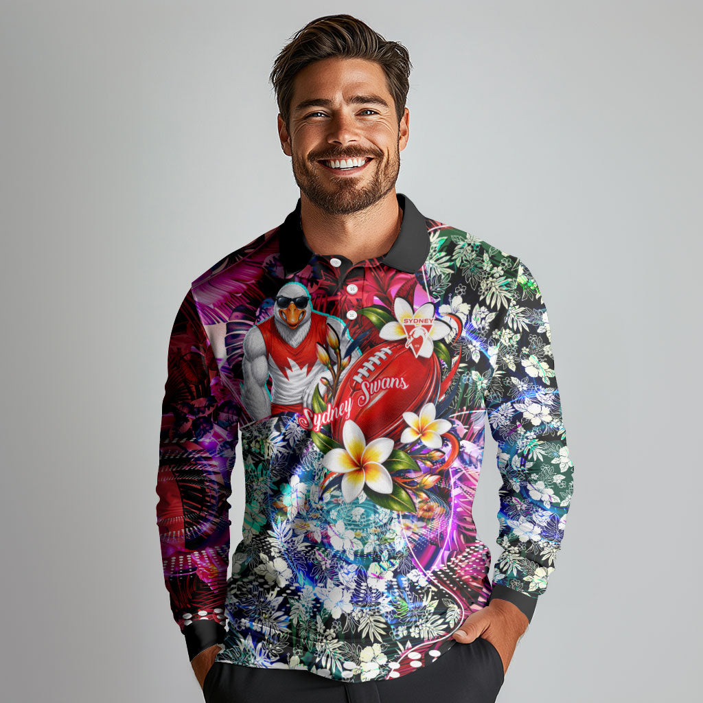 Personalized Sydney Swans Football Long Sleeve Polo Shirt Tropical Hibiscus Flowers - Pacific Fusion Style
