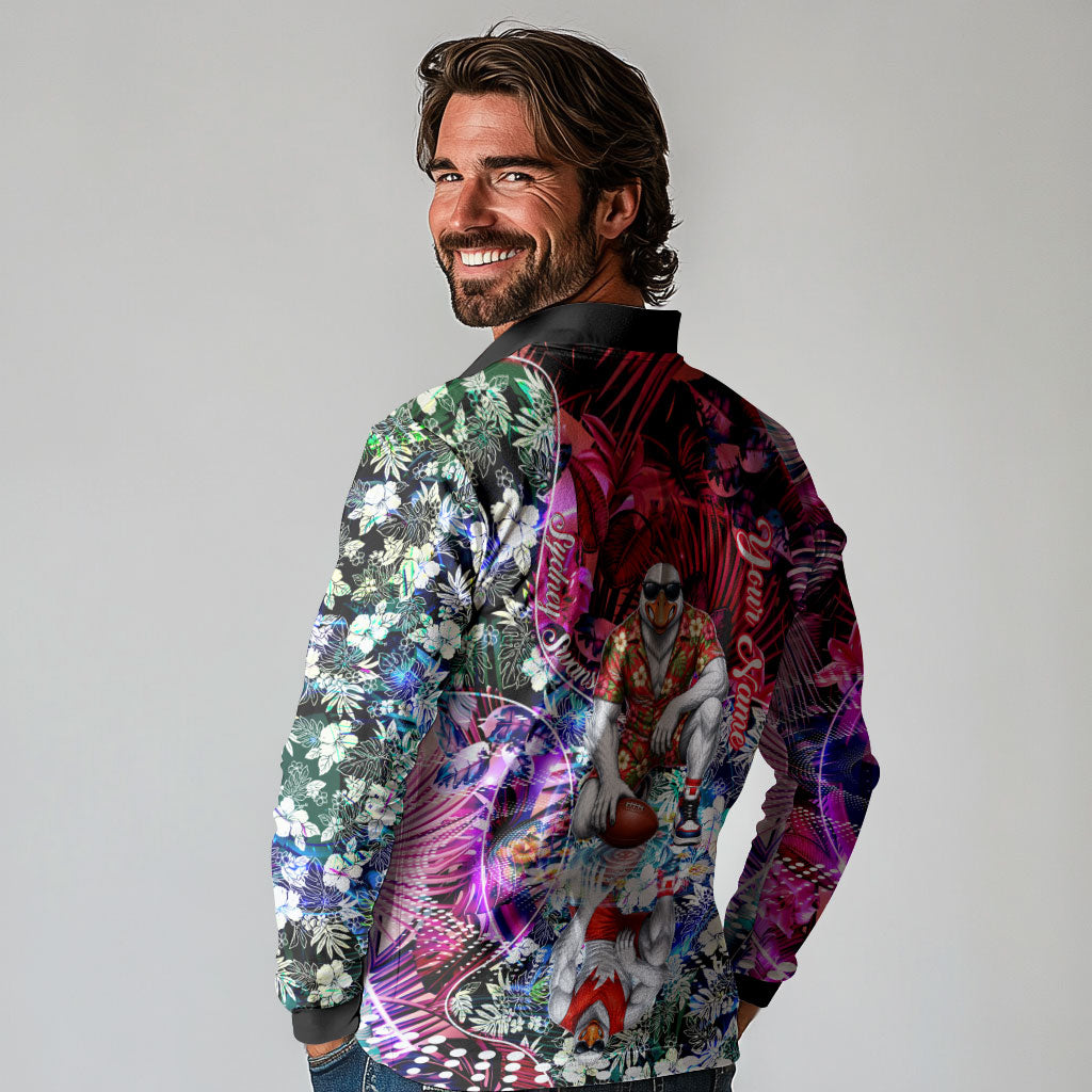 Personalized Sydney Swans Football Long Sleeve Polo Shirt Tropical Hibiscus Flowers - Pacific Fusion Style