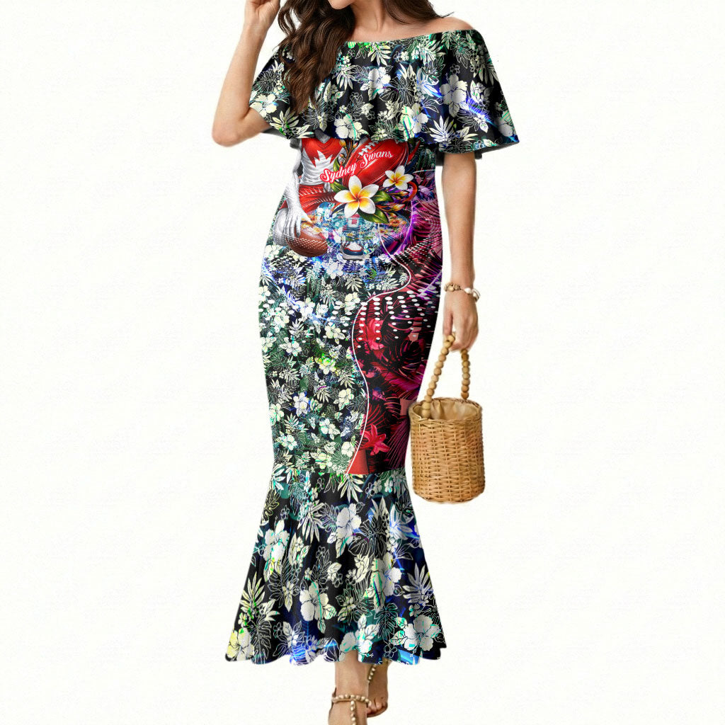 Personalized Sydney Swans Football Mermaid Dress Tropical Hibiscus Flowers - Pacific Fusion Style