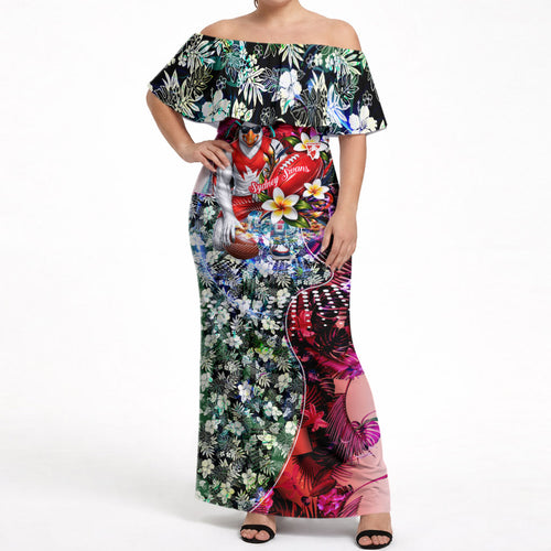 Personalized Sydney Swans Football Off Shoulder Maxi Dress Tropical Hibiscus Flowers - Pacific Fusion Style