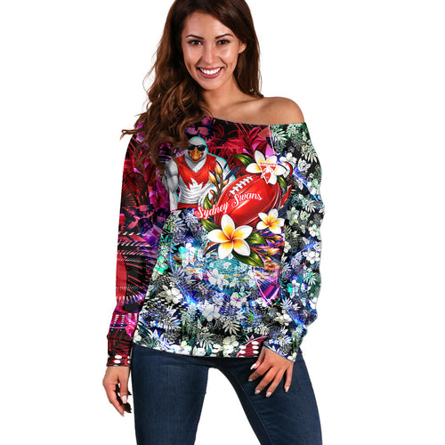 Personalized Sydney Swans Football Off Shoulder Sweater Tropical Hibiscus Flowers - Pacific Fusion Style