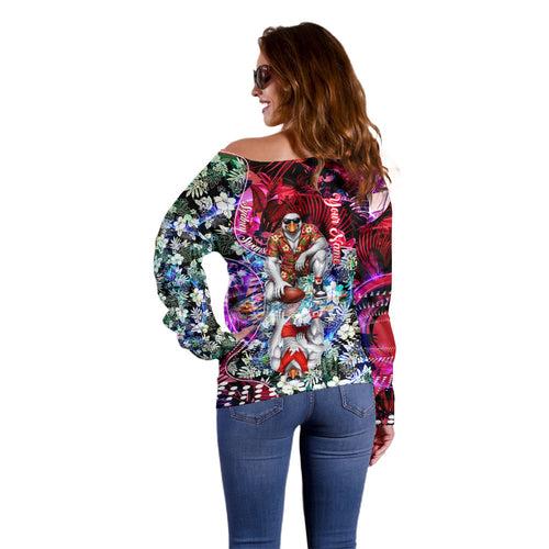 Personalized Sydney Swans Football Off Shoulder Sweater Tropical Hibiscus Flowers - Pacific Fusion Style