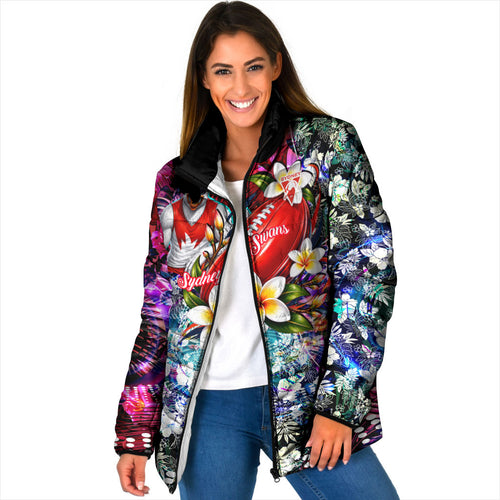 Personalized Sydney Swans Football Padded Jacket Tropical Hibiscus Flowers - Pacific Fusion Style