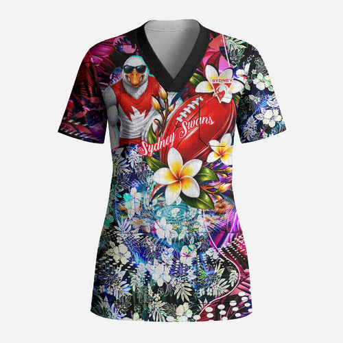 Personalized Sydney Swans Football Scrub Top Tropical Hibiscus Flowers - Pacific Fusion Style