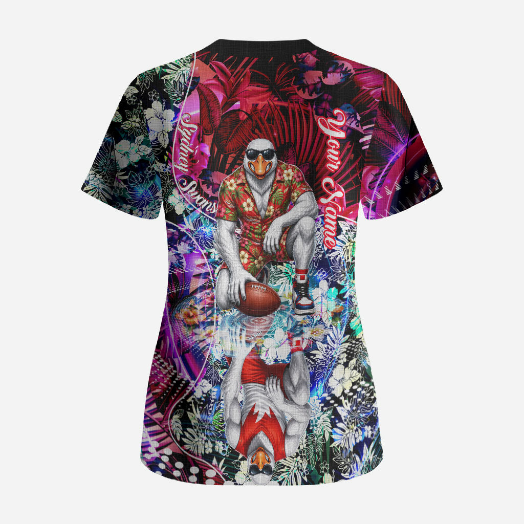Personalized Sydney Swans Football Scrub Top Tropical Hibiscus Flowers - Pacific Fusion Style