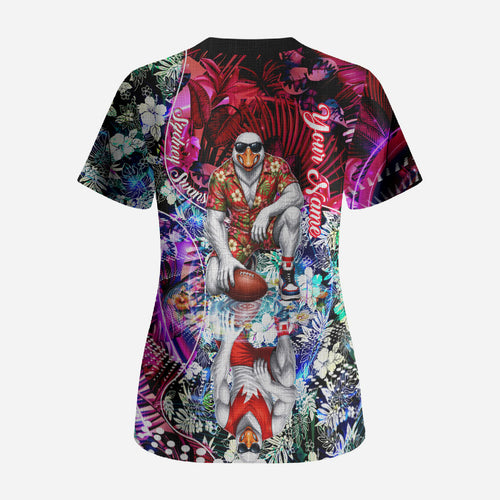 Personalized Sydney Swans Football Scrub Top Tropical Hibiscus Flowers - Pacific Fusion Style