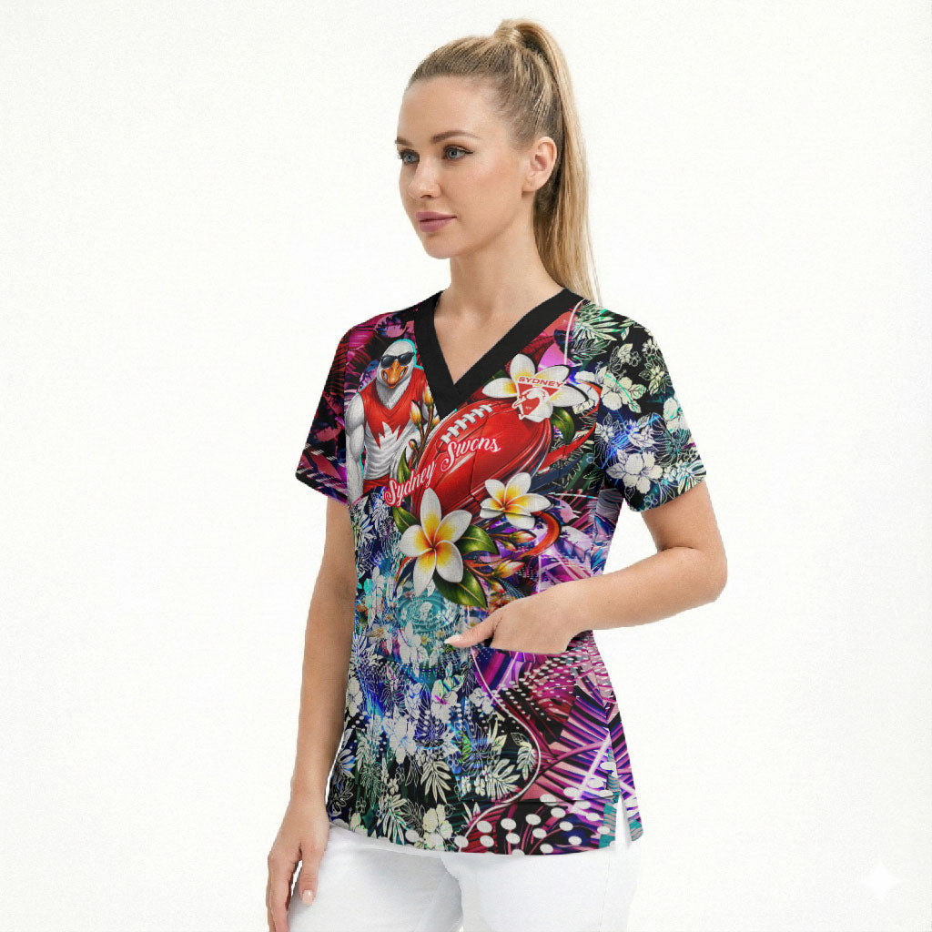 Personalized Sydney Swans Football Scrub Top Tropical Hibiscus Flowers - Pacific Fusion Style