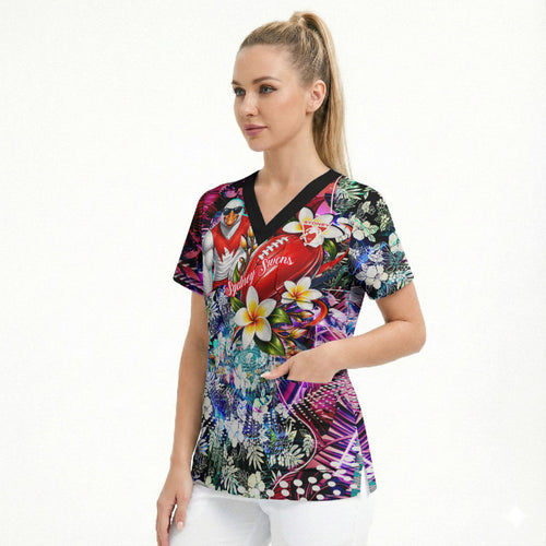 Personalized Sydney Swans Football Scrub Top Tropical Hibiscus Flowers - Pacific Fusion Style