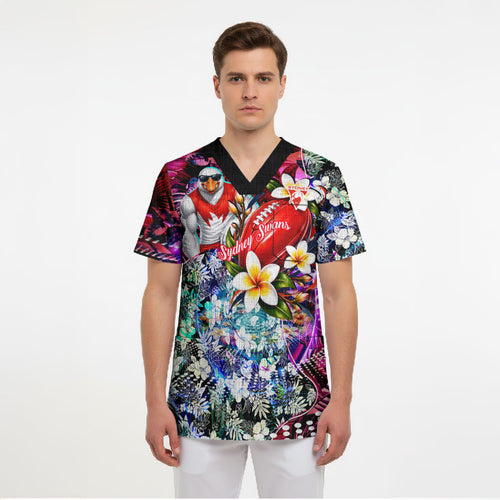 Personalized Sydney Swans Football Scrub Top Tropical Hibiscus Flowers - Pacific Fusion Style