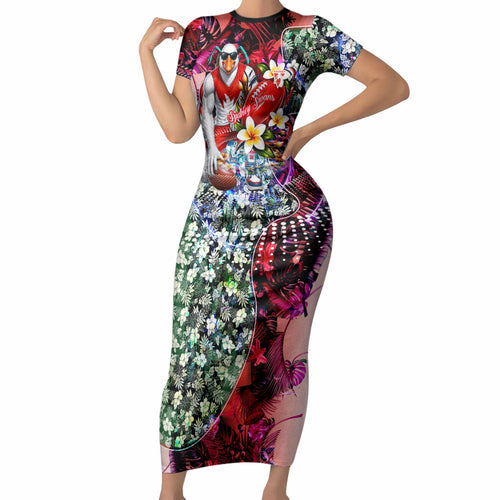 Personalized Sydney Swans Football Short Sleeve Bodycon Dress Tropical Hibiscus Flowers - Pacific Fusion Style