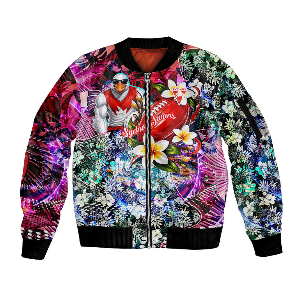 Personalized Sydney Swans Football Sleeve Zip Bomber Jacket Tropical Hibiscus Flowers - Pacific Fusion Style