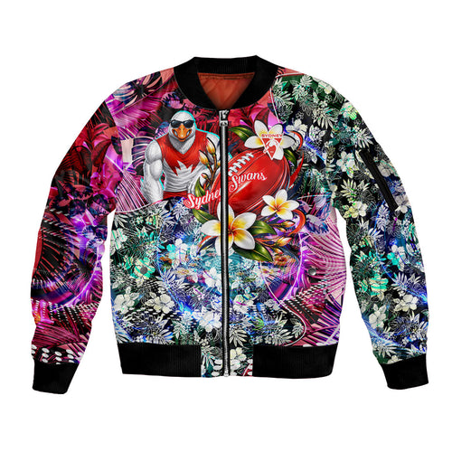 Personalized Sydney Swans Football Sleeve Zip Bomber Jacket Tropical Hibiscus Flowers - Pacific Fusion Style
