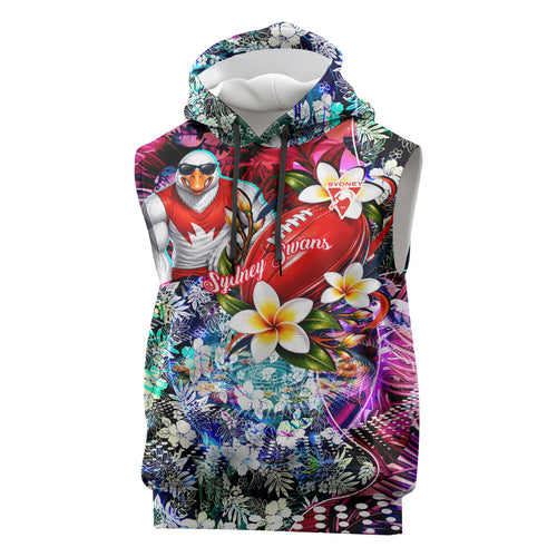 Personalized Sydney Swans Football Sleeveless Hoodie Tropical Hibiscus Flowers - Pacific Fusion Style