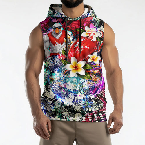 Personalized Sydney Swans Football Sleeveless Hoodie Tropical Hibiscus Flowers - Pacific Fusion Style