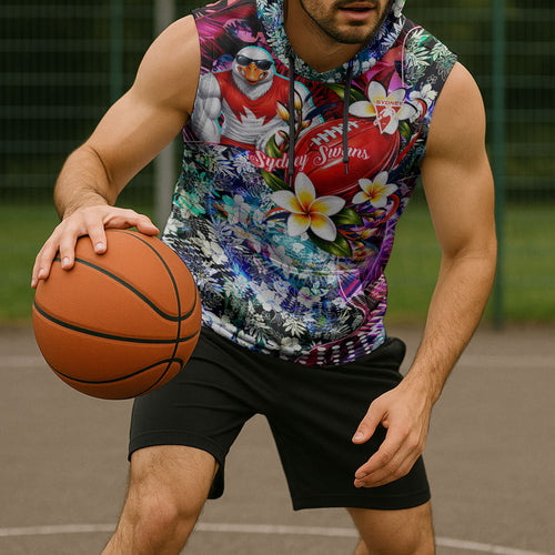 Personalized Sydney Swans Football Sleeveless Hoodie Tropical Hibiscus Flowers - Pacific Fusion Style