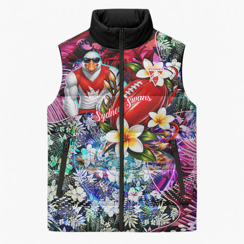 Personalized Sydney Swans Football Sleeveless Puffer Jacket Tropical Hibiscus Flowers - Pacific Fusion Style