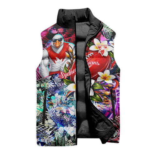 Personalized Sydney Swans Football Sleeveless Puffer Jacket Tropical Hibiscus Flowers - Pacific Fusion Style
