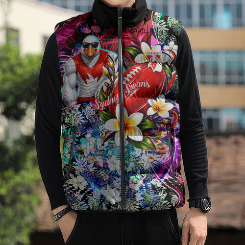 Personalized Sydney Swans Football Sleeveless Puffer Jacket Tropical Hibiscus Flowers - Pacific Fusion Style