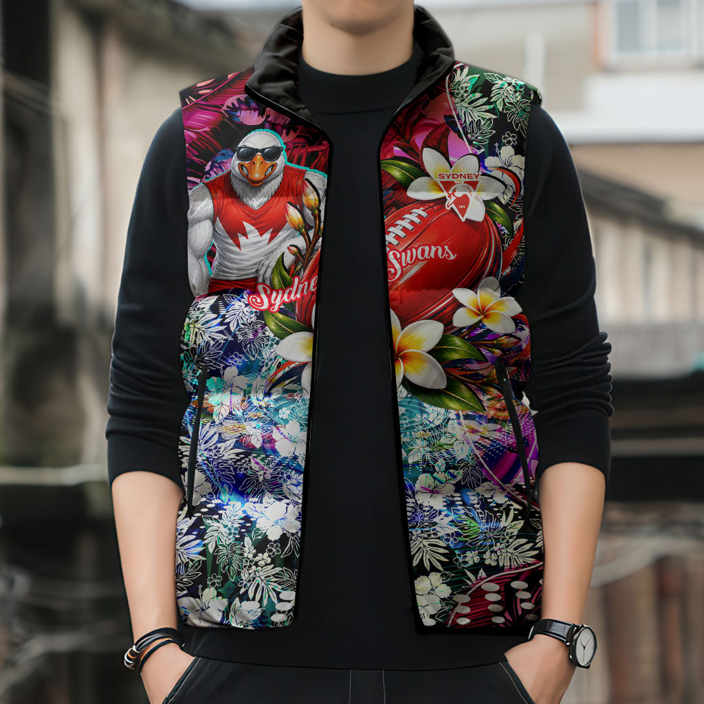 Personalized Sydney Swans Football Sleeveless Puffer Jacket Tropical Hibiscus Flowers - Pacific Fusion Style