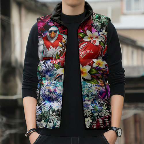 Personalized Sydney Swans Football Sleeveless Puffer Jacket Tropical Hibiscus Flowers - Pacific Fusion Style