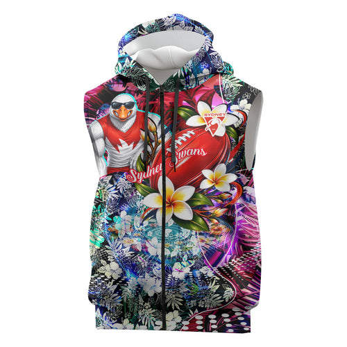 Personalized Sydney Swans Football Sleeveless Zip Hoodie Tropical Hibiscus Flowers - Pacific Fusion Style