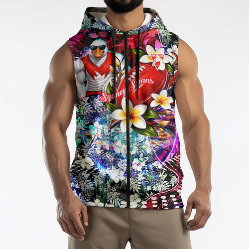 Personalized Sydney Swans Football Sleeveless Zip Hoodie Tropical Hibiscus Flowers - Pacific Fusion Style