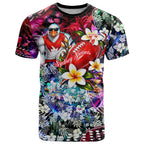 Personalized Sydney Swans Football T Shirt Tropical Hibiscus Flowers - Pacific Fusion Style