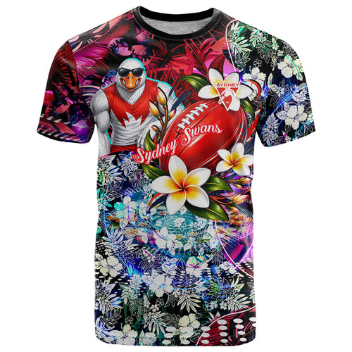 Personalized Sydney Swans Football T Shirt Tropical Hibiscus Flowers - Pacific Fusion Style