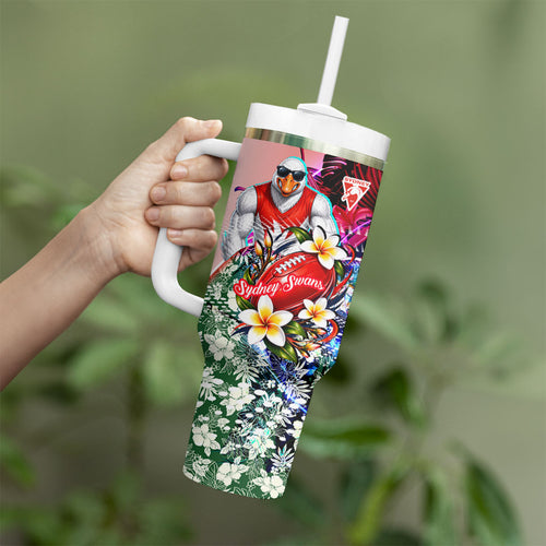 Personalized Sydney Swans Football Tumbler With Handle Tropical Hibiscus Flowers - Pacific Fusion Style