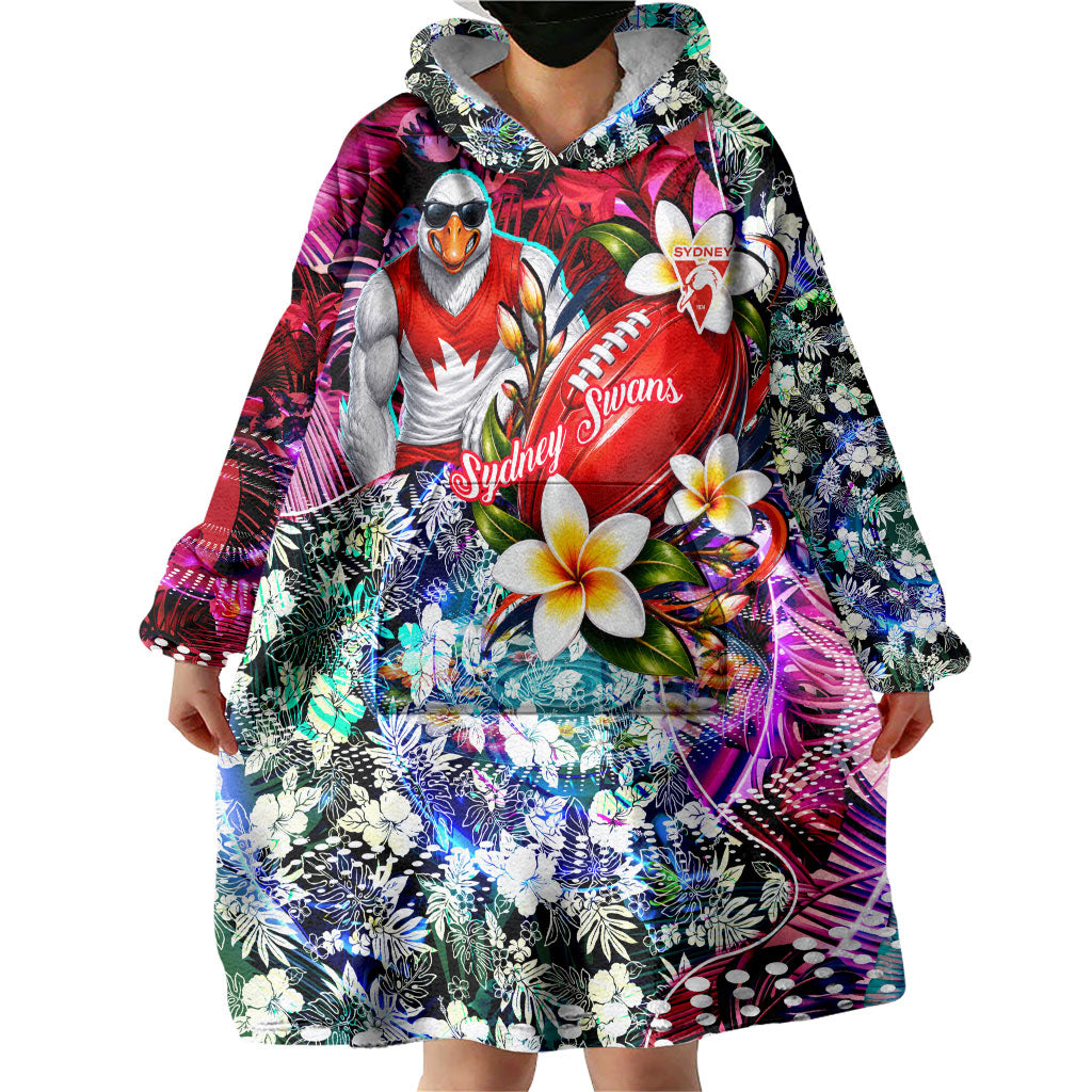 Personalized Sydney Swans Football Wearable Blanket Hoodie Tropical Hibiscus Flowers - Pacific Fusion Style