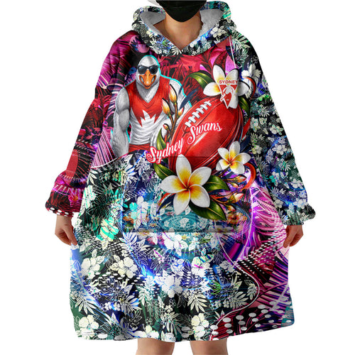 Personalized Sydney Swans Football Wearable Blanket Hoodie Tropical Hibiscus Flowers - Pacific Fusion Style
