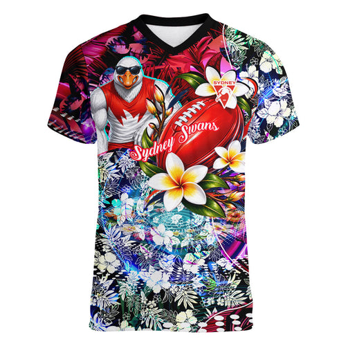 Personalized Sydney Swans Football Women V-Neck T-Shirt Tropical Hibiscus Flowers - Pacific Fusion Style