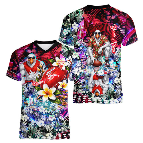 Personalized Sydney Swans Football Women V-Neck T-Shirt Tropical Hibiscus Flowers - Pacific Fusion Style