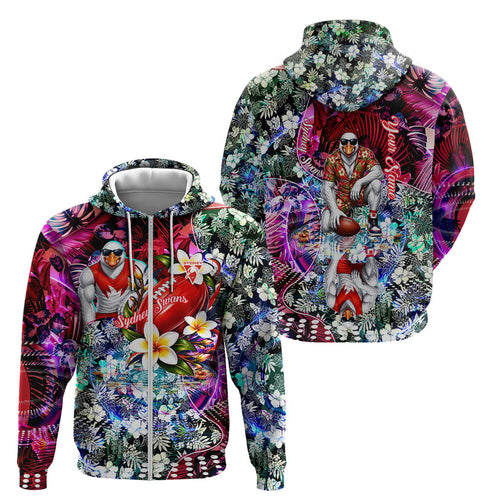 Personalized Sydney Swans Football Zip Hoodie Tropical Hibiscus Flowers - Pacific Fusion Style