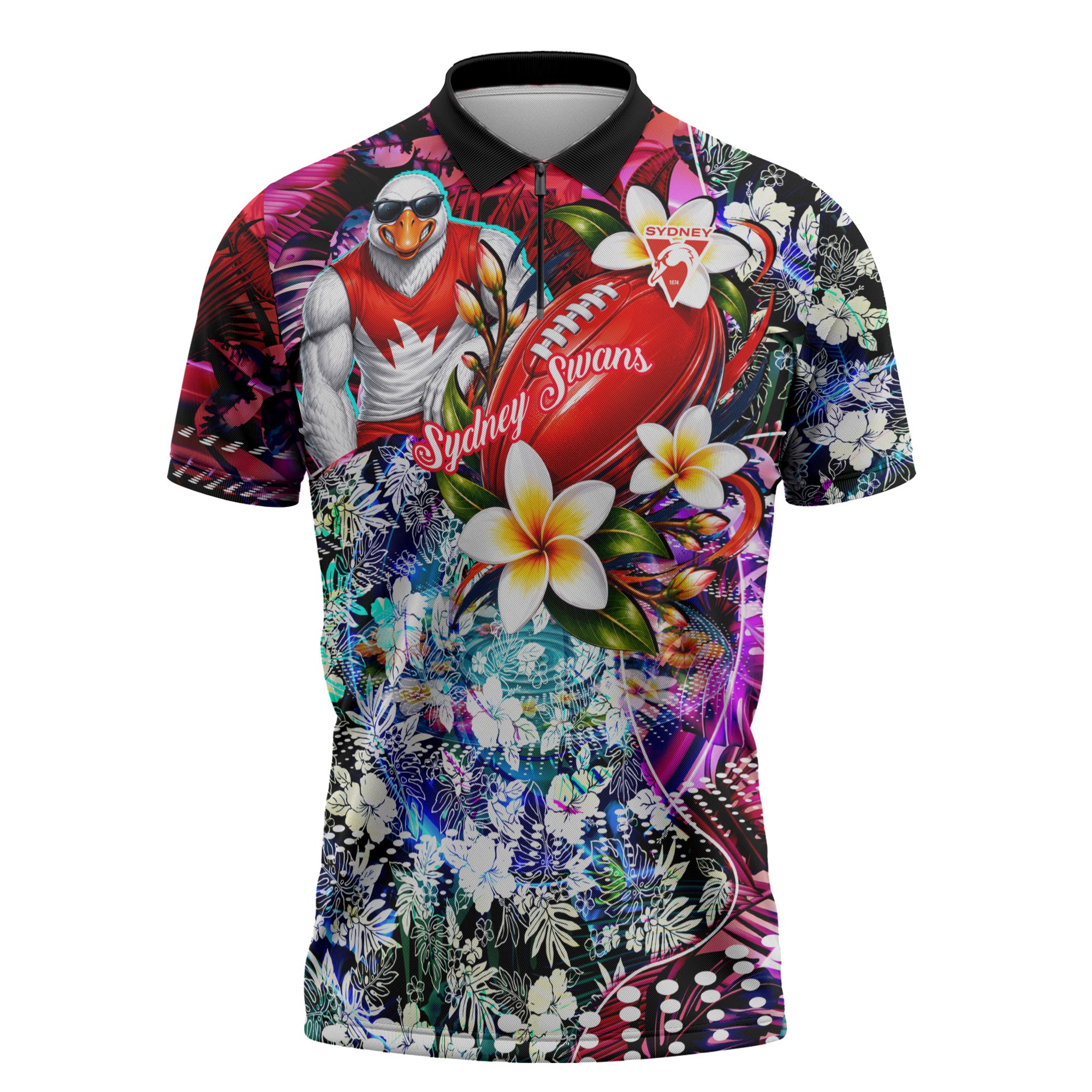 Personalized Sydney Swans Football Zipper Polo Shirt Tropical Hibiscus Flowers - Pacific Fusion Style