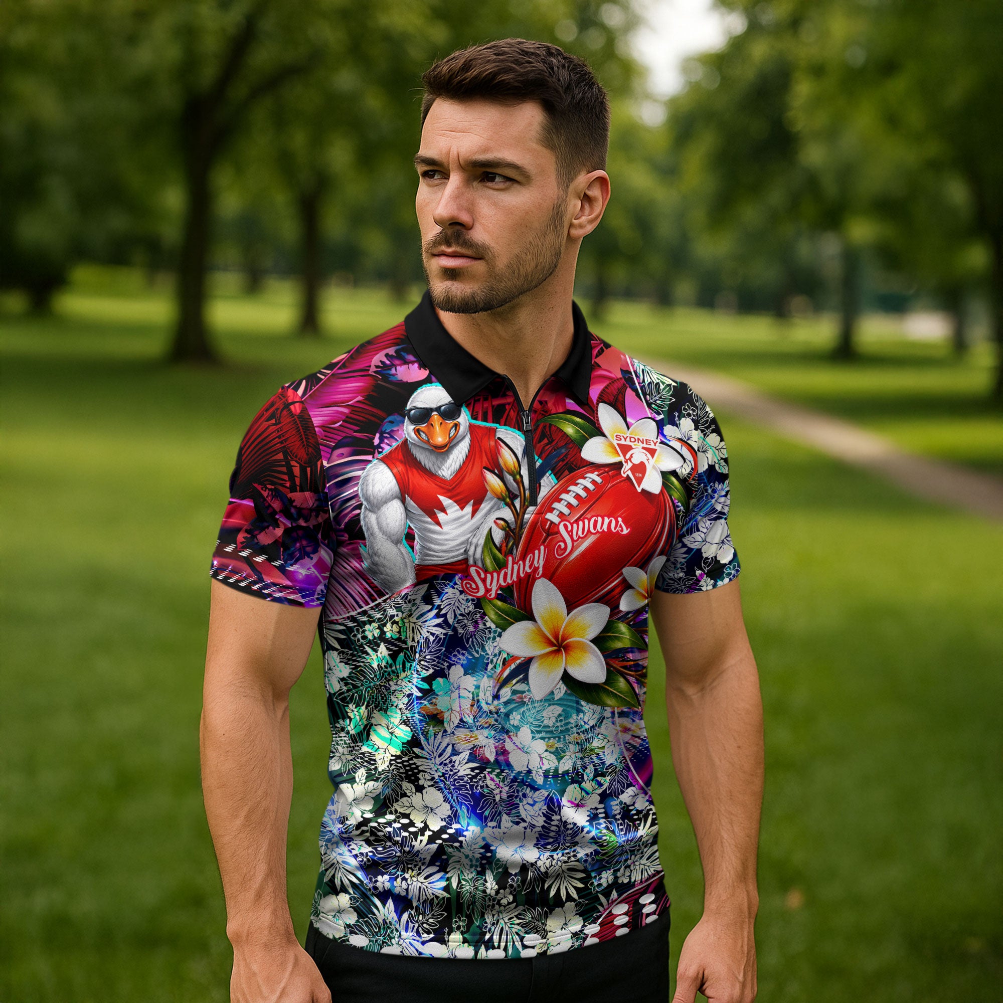 Personalized Sydney Swans Football Zipper Polo Shirt Tropical Hibiscus Flowers - Pacific Fusion Style
