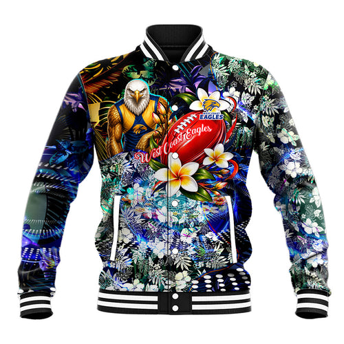 Personalized West Coast Eagles Football Baseball Jacket Tropical Hibiscus Flowers - Pacific Fusion Style
