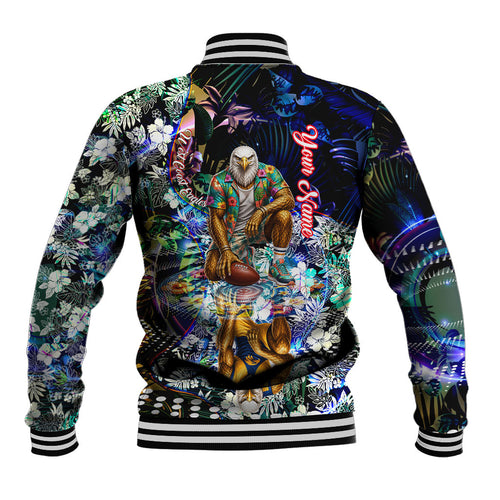 Personalized West Coast Eagles Football Baseball Jacket Tropical Hibiscus Flowers - Pacific Fusion Style
