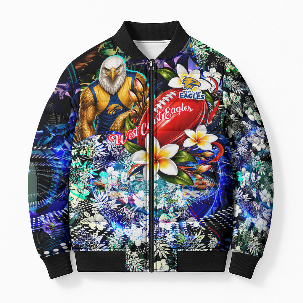 Personalized West Coast Eagles Football Bomber Puffer Jacket Tropical Hibiscus Flowers - Pacific Fusion Style