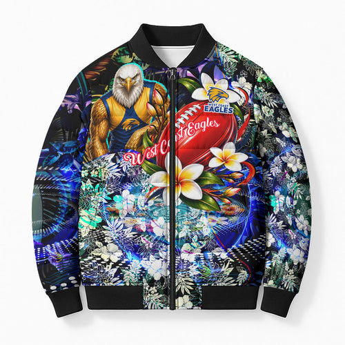Personalized West Coast Eagles Football Bomber Puffer Jacket Tropical Hibiscus Flowers - Pacific Fusion Style