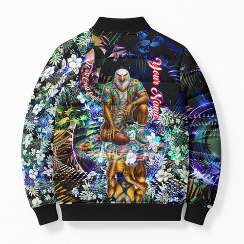Personalized West Coast Eagles Football Bomber Puffer Jacket Tropical Hibiscus Flowers - Pacific Fusion Style