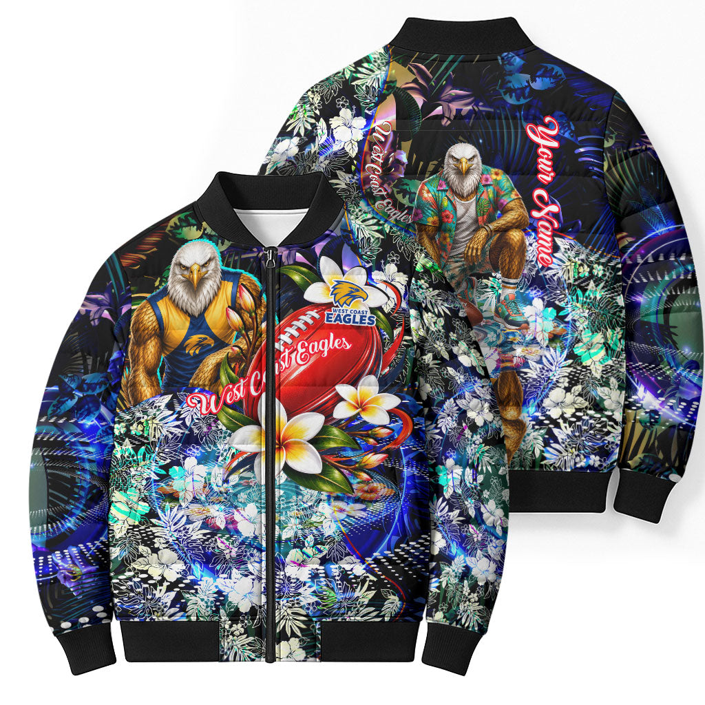Personalized West Coast Eagles Football Bomber Puffer Jacket Tropical Hibiscus Flowers - Pacific Fusion Style
