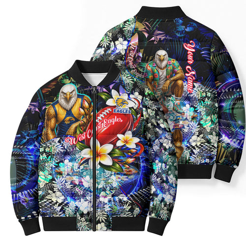 Personalized West Coast Eagles Football Bomber Puffer Jacket Tropical Hibiscus Flowers - Pacific Fusion Style