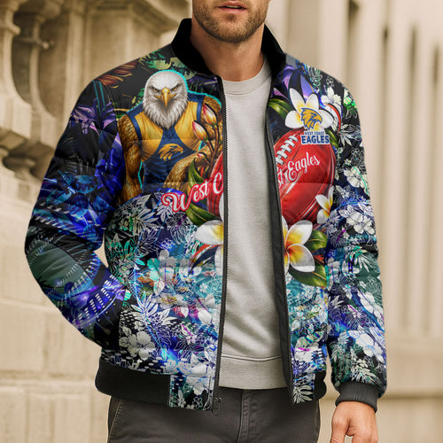 Personalized West Coast Eagles Football Bomber Puffer Jacket Tropical Hibiscus Flowers - Pacific Fusion Style