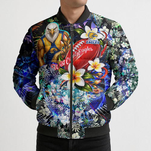 Personalized West Coast Eagles Football Bomber Puffer Jacket Tropical Hibiscus Flowers - Pacific Fusion Style