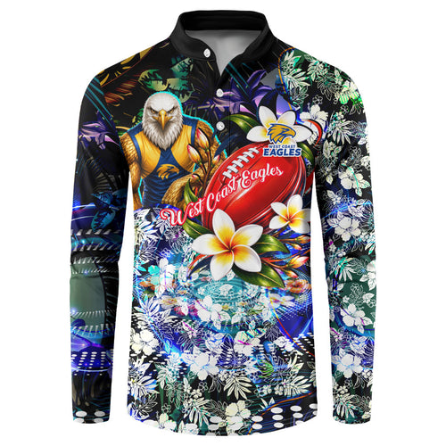 Personalized West Coast Eagles Football Button Sweatshirt Tropical Hibiscus Flowers - Pacific Fusion Style